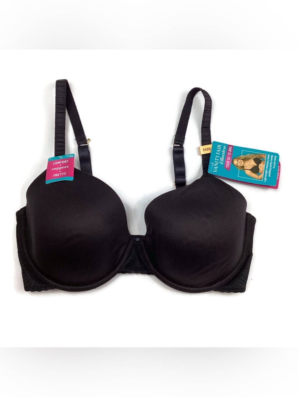 Vanity Fair Effortless Black Go To Bra Padded Underwire 34DD NEW! Retail $50
